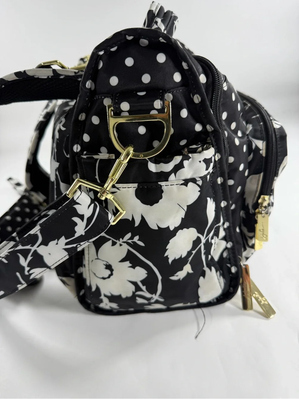 JuJuBe B.F.F. Convertible Diaper Bag Backpack Black White Floral Polka Dot